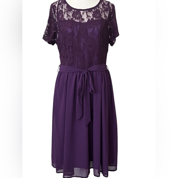 Nemidor Elegant Purple Floral Lace Midi Dress with Waist Tie Plus Size 14 - Picture 3 of 16